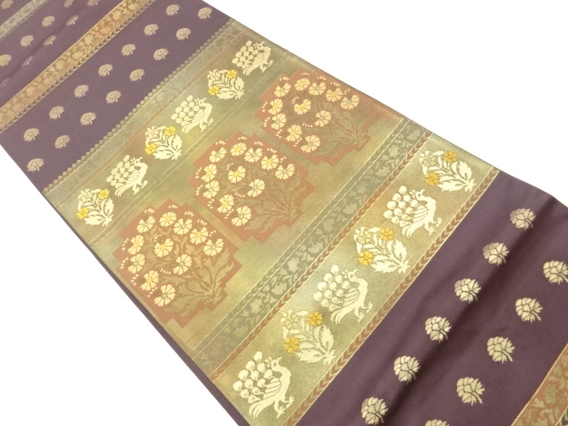 横段に草花・孔雀模様織出し袋帯